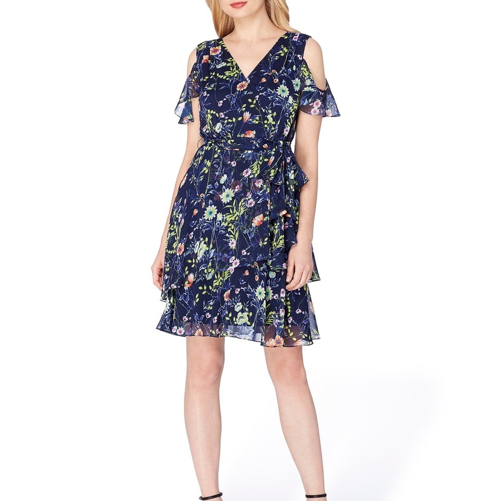 Tahari Cold Shoulder Chiffon Floral Dress 👗